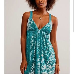 Free People Snow Angel Mini Slip Dress Pine Forest Combo Velvet Burnout Babydoll